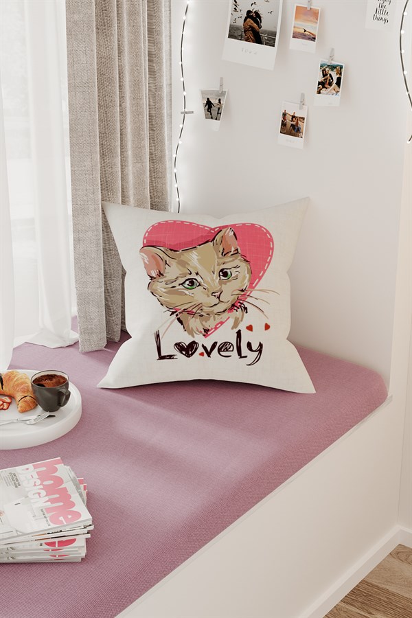 Lovely Cat Kedi Desenli Kırlent Kılıfı (43 x 43 cm)